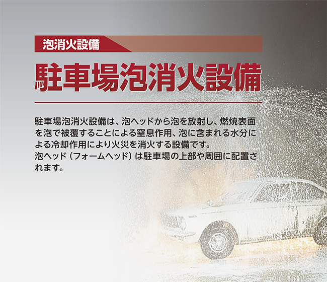 泡消火設備 駐車場泡消火設備 駐車場泡消火設備は、泡ヘッドから泡を放射し、燃焼表面を泡で被覆することによる窒息作用、泡に含まれる水分による冷却作用により火災を消火する設備です。泡ヘッド(フォームヘッド)は駐車場の上部や周囲に配置されます。