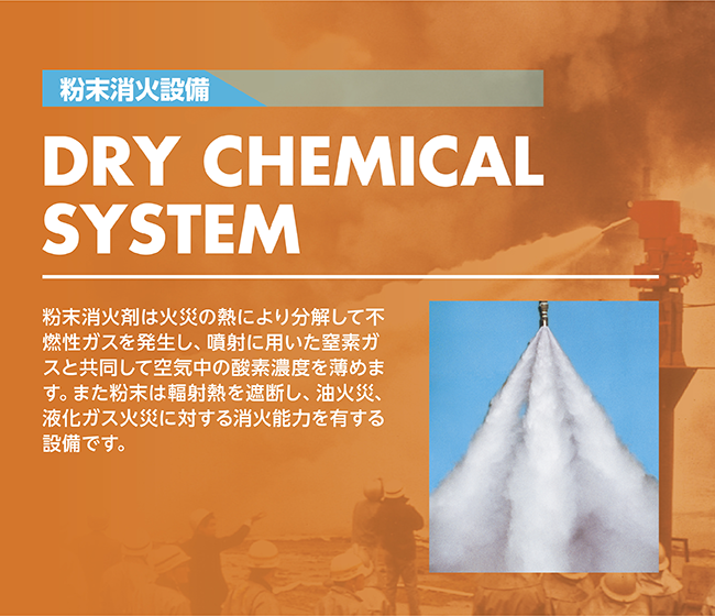 粉末消火設備 DRY CHEMICAL SYSTEM 粉末消火剤は火災の熱により分解して不燃性ガスを発生し、噴射に用いた窒素ガスと共同して空気中の酸素濃度を薄めます。また粉末は輻射熱を遮断し、油火災、液化ガス火災に対する消火能力を有する設備です。